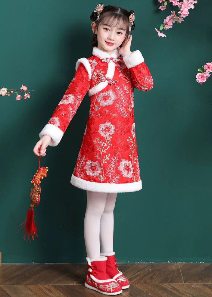 Vogue Red Embroideried Patchwork Button Warm Fleece Kids Mid Dress Long Sleeve - Image 3