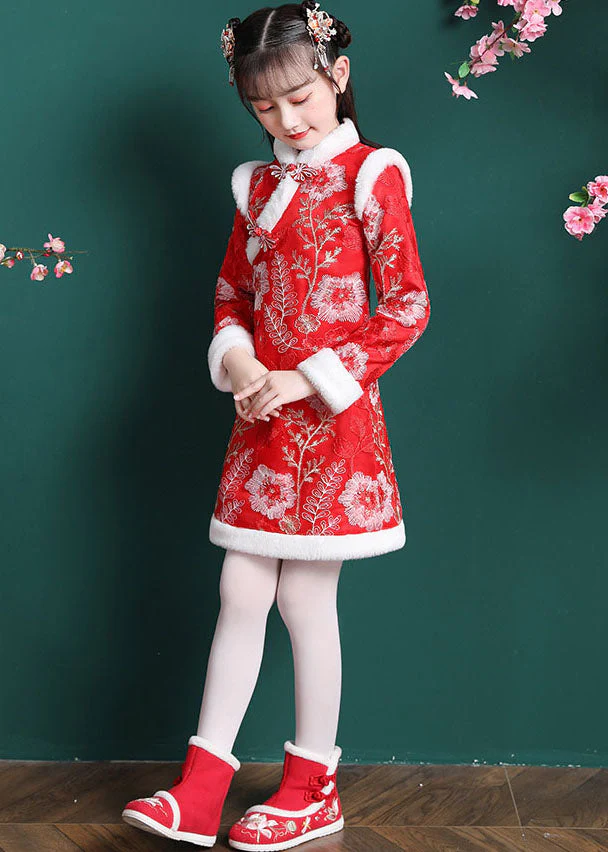 Vogue Red Embroideried Patchwork Button Warm Fleece Kids Mid Dress Long Sleeve - Image 4