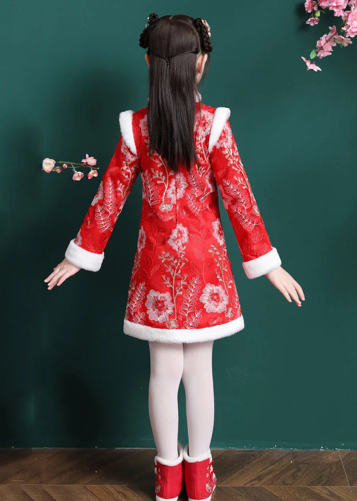 Vogue Red Embroideried Patchwork Button Warm Fleece Kids Mid Dress Long Sleeve - Image 5