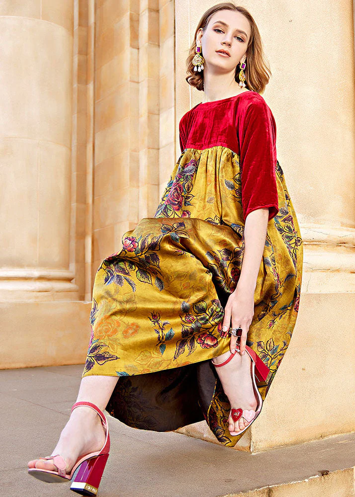 Vogue Red Square Collar Wrinkled Patchwork Silk Velour Maxi Dress Fall - Image 2