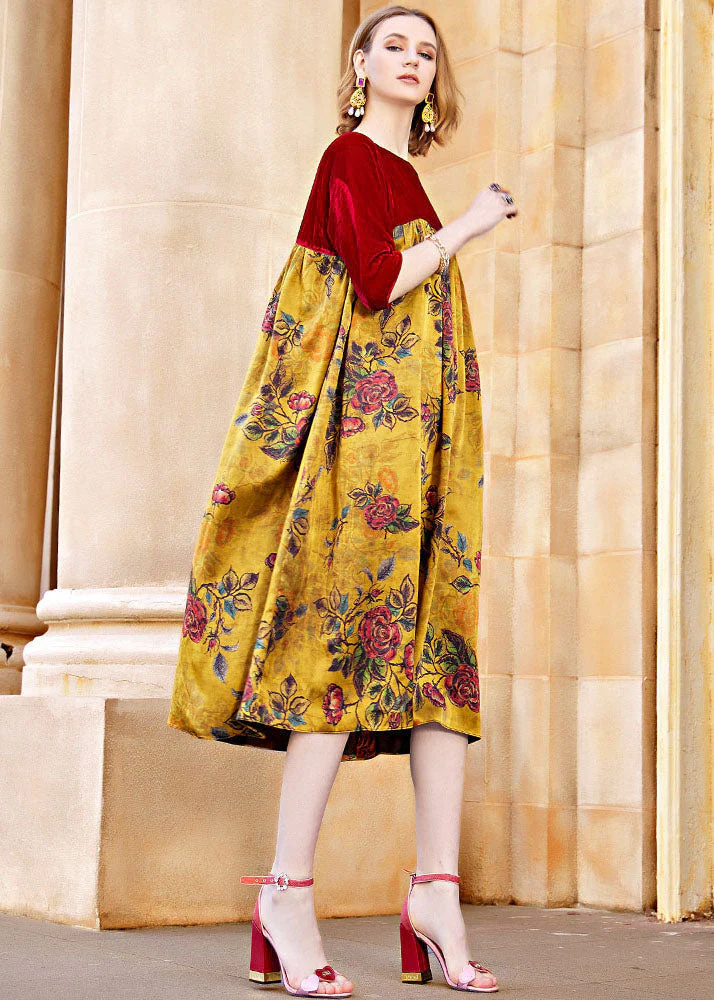Vogue Red Square Collar Wrinkled Patchwork Silk Velour Maxi Dress Fall - Image 3