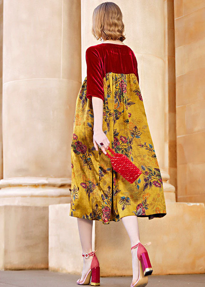 Vogue Red Square Collar Wrinkled Patchwork Silk Velour Maxi Dress Fall - Image 4