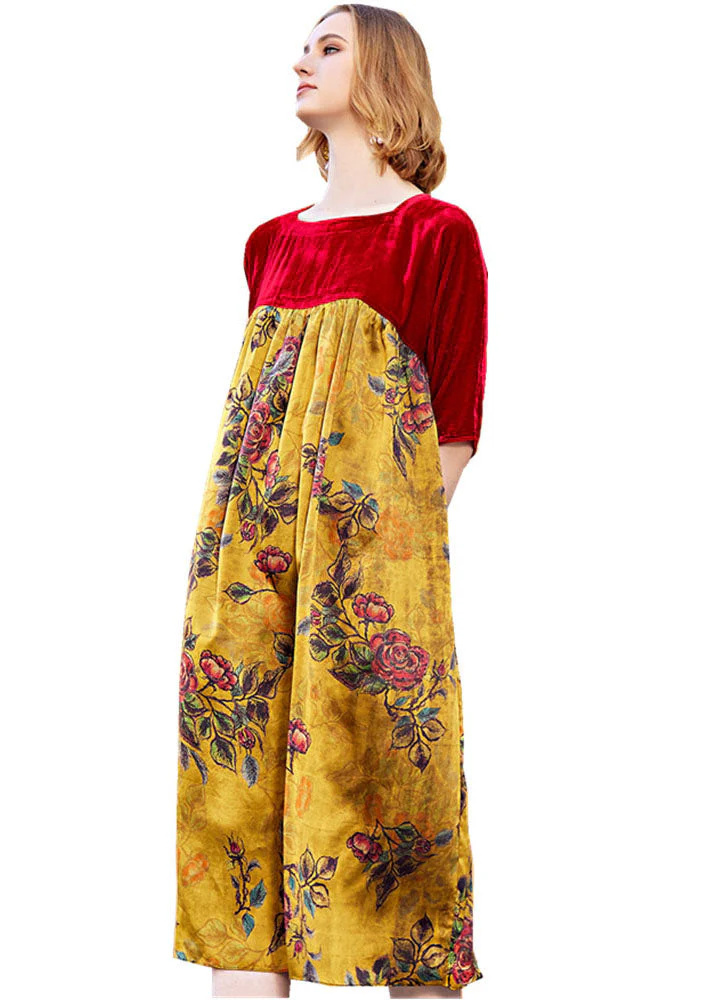 Vogue Red Square Collar Wrinkled Patchwork Silk Velour Maxi Dress Fall - Image 5