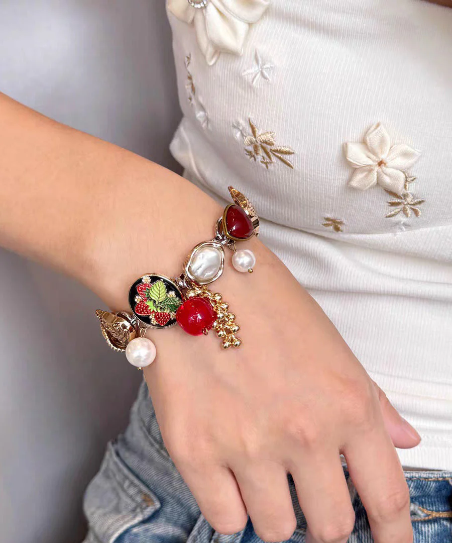 Vogue Red Stainless Steel Pearl Strawberry Charm Bracelet - Image 2