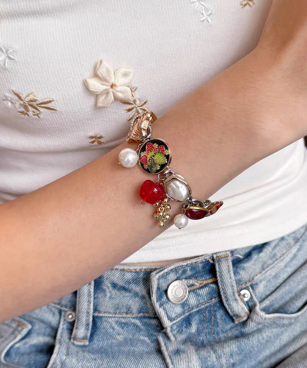 Vogue Red Stainless Steel Pearl Strawberry Charm Bracelet - Image 3