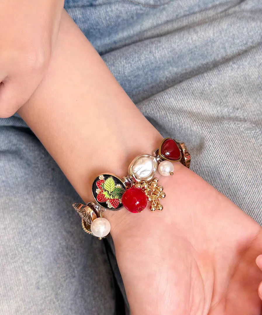 Vogue Red Stainless Steel Pearl Strawberry Charm Bracelet - Image 4