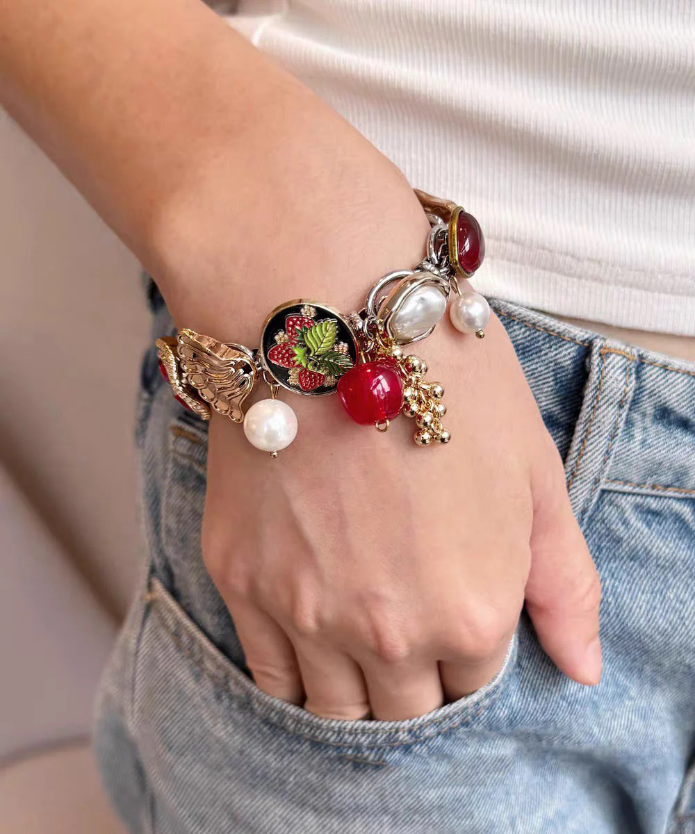 Vogue Red Stainless Steel Pearl Strawberry Charm Bracelet - Image 5