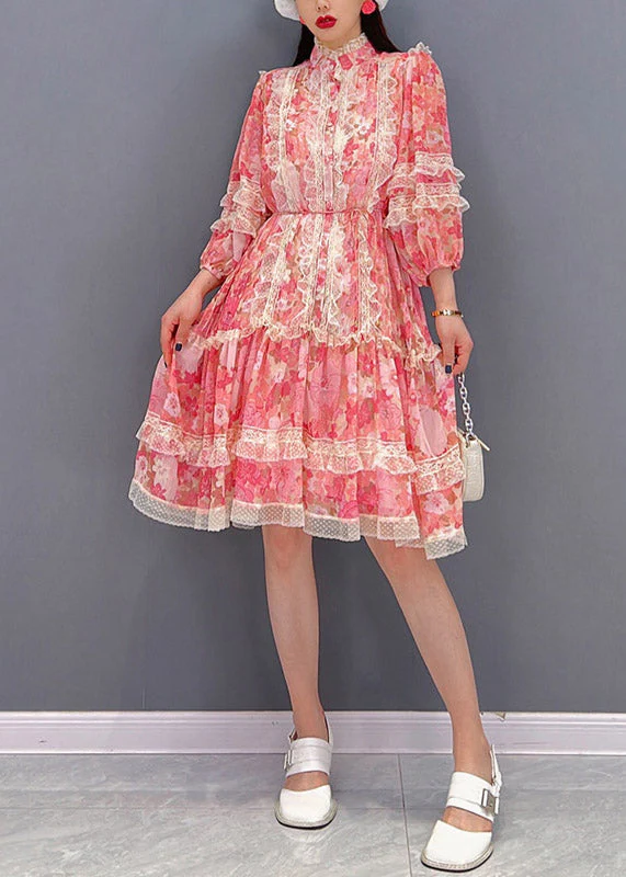 Vogue Red Stand Collar Print Patchwork Lace Ruffled Chiffon Dress Long sleeve - Image 2