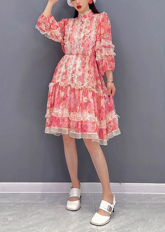 Vogue Red Stand Collar Print Patchwork Lace Ruffled Chiffon Dress Long sleeve - Image 3