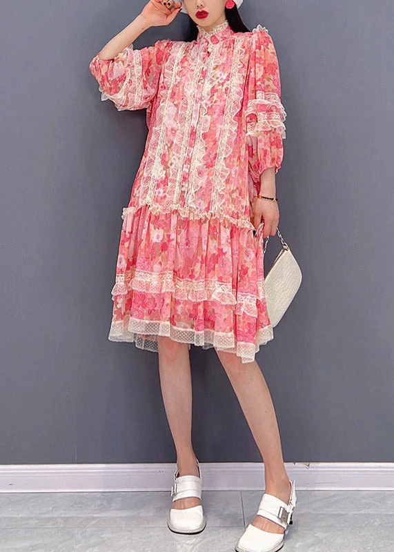 Vogue Red Stand Collar Print Patchwork Lace Ruffled Chiffon Dress Long sleeve - Image 4