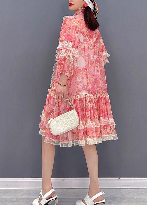 Vogue Red Stand Collar Print Patchwork Lace Ruffled Chiffon Dress Long sleeve - Image 5