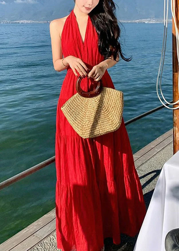 Vogue Red V Neck Halter Cold Shoulder Long Dress Sleeveless - Image 3
