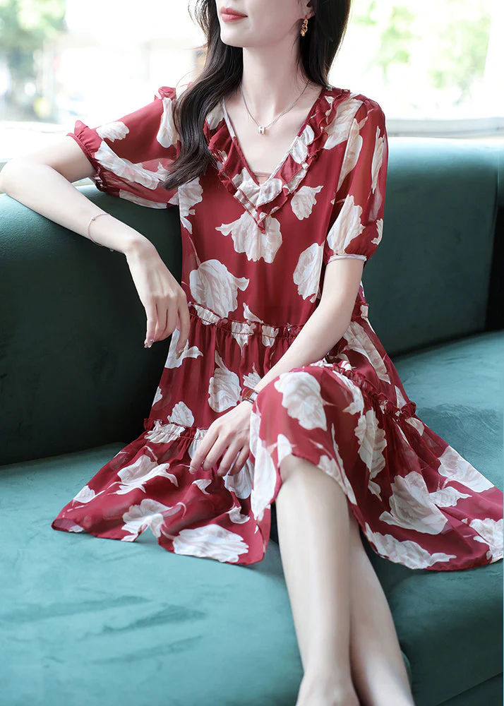 Vogue Red V Neck Print Ruffled Wrinkled Chiffon Mid Dresses Short Sleeve - Image 2