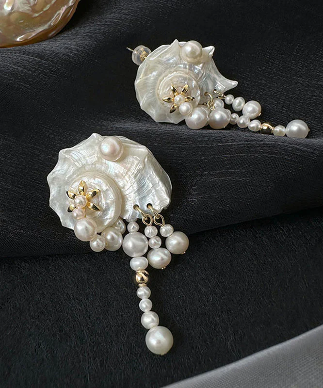 Vogue White Alloy Conch Pearl Drop Earrings - Image 2