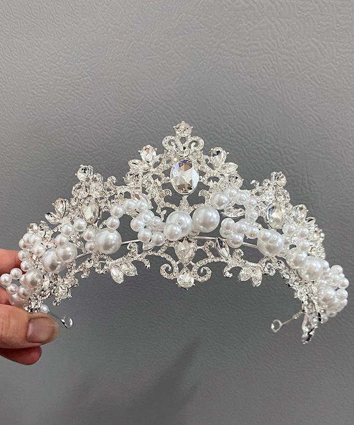 Vogue White Alloy Zircon Pearl Crown , Necklace And HairPiece Three-Piece Set - Image 4