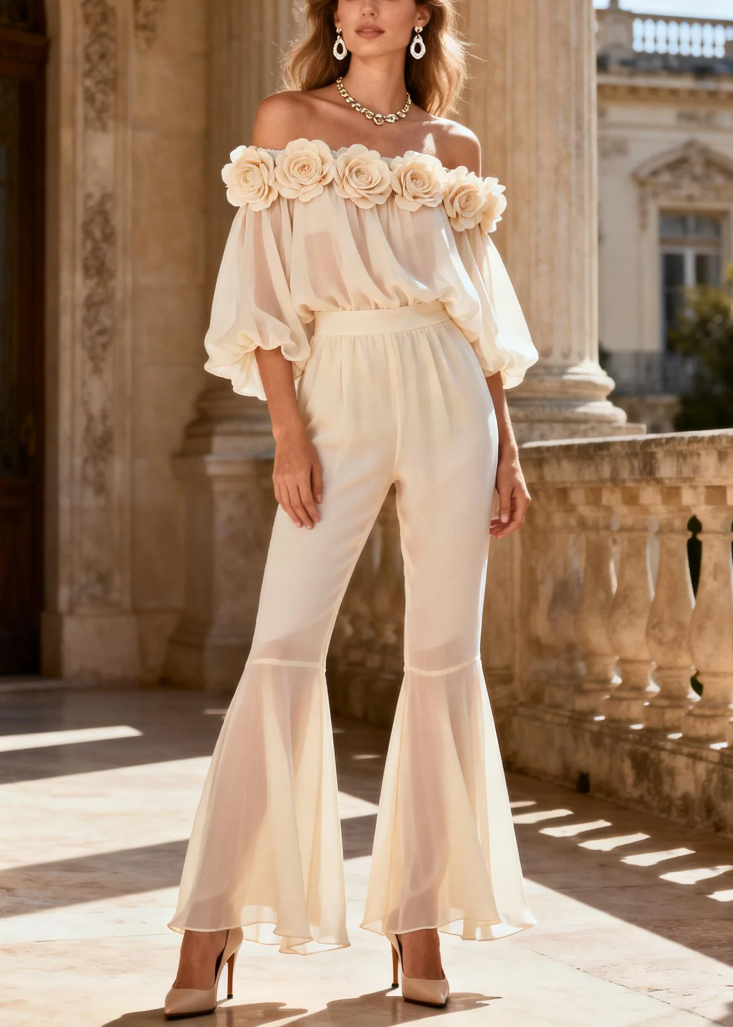 Vogue White Floral Chiffon Shirts And Flared Trousers Two Piece Set Spring - Image 3