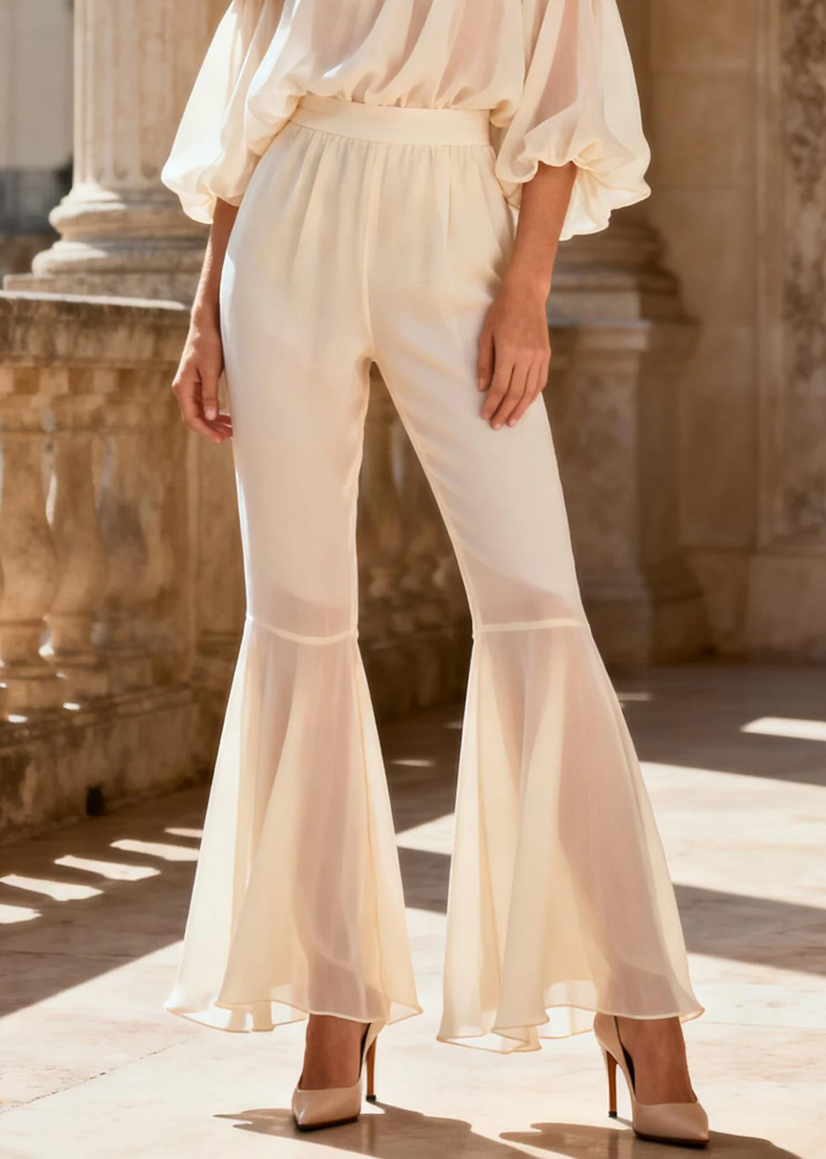 Vogue White Floral Chiffon Shirts And Flared Trousers Two Piece Set Spring - Image 4
