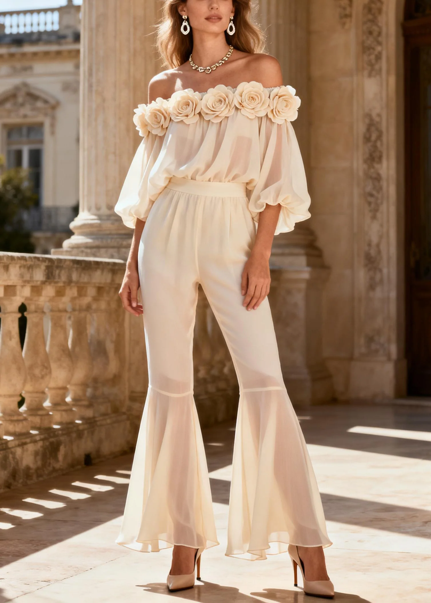 Vogue White Floral Chiffon Shirts And Flared Trousers Two Piece Set Spring - Image 5
