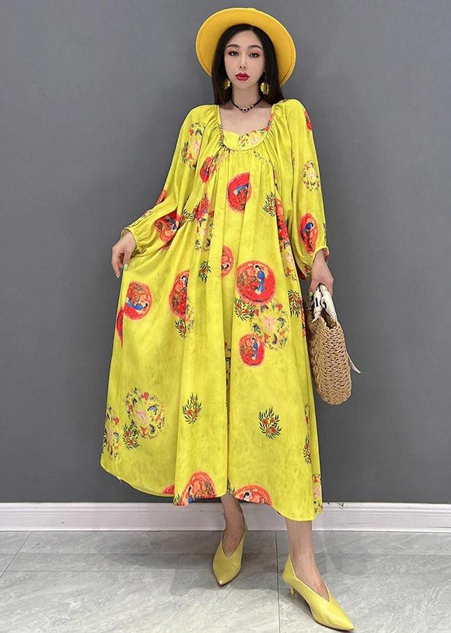 Vogue Yellow O-Neck Print Chiffon Dresses Long Sleeve - Image 2