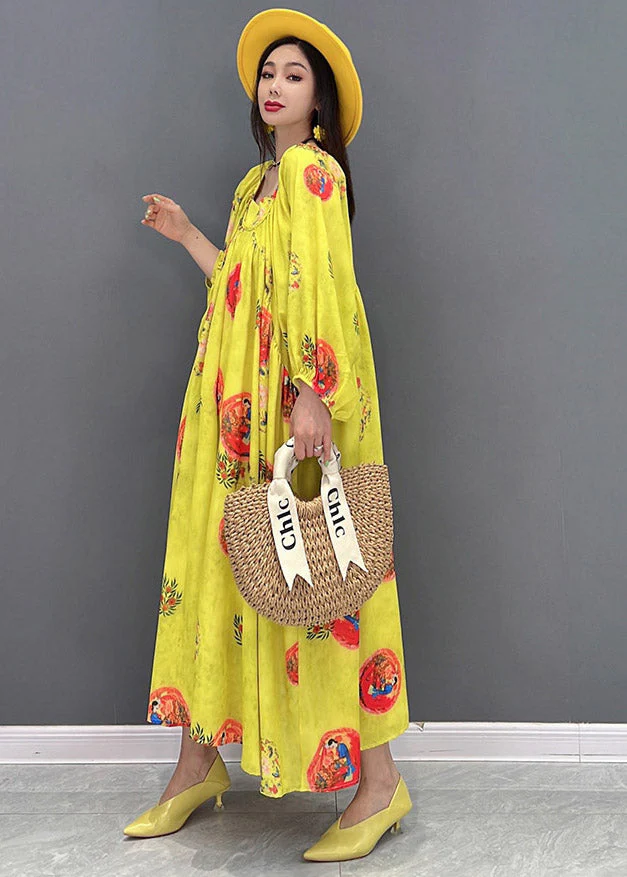 Vogue Yellow O-Neck Print Chiffon Dresses Long Sleeve - Image 3
