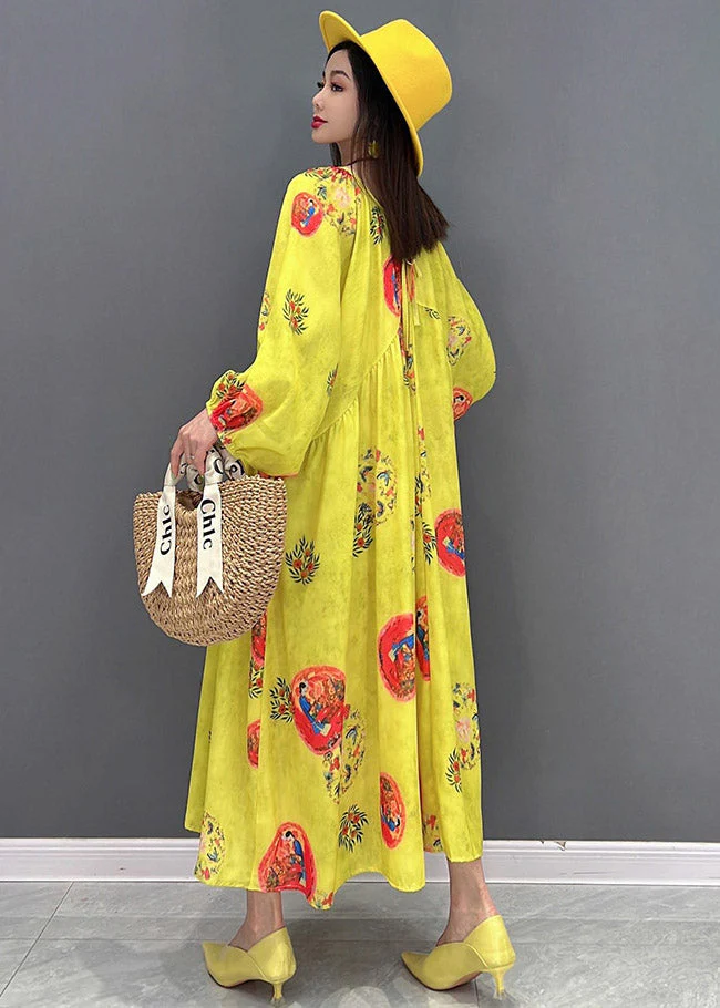 Vogue Yellow O-Neck Print Chiffon Dresses Long Sleeve - Image 4