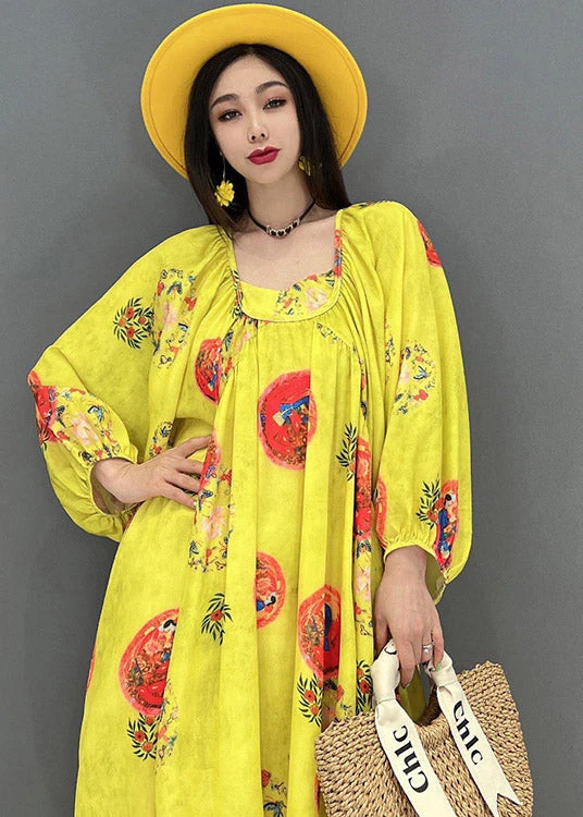 Vogue Yellow O-Neck Print Chiffon Dresses Long Sleeve - Image 5