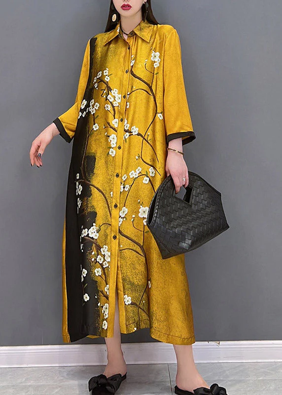 Vogue Yellow Peter Pan Collar Print Button Silk Long Dress Long Sleeve - Image 2
