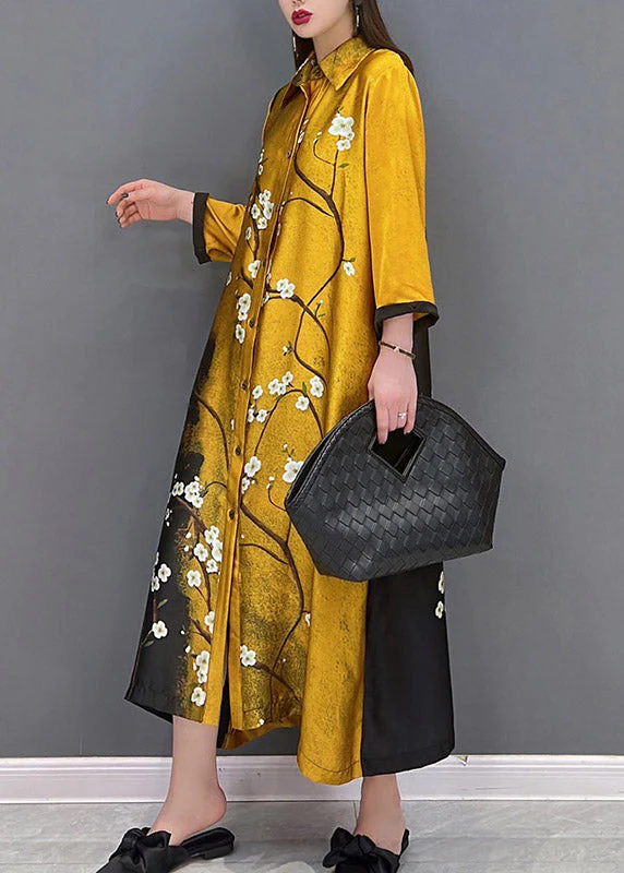 Vogue Yellow Peter Pan Collar Print Button Silk Long Dress Long Sleeve - Image 3