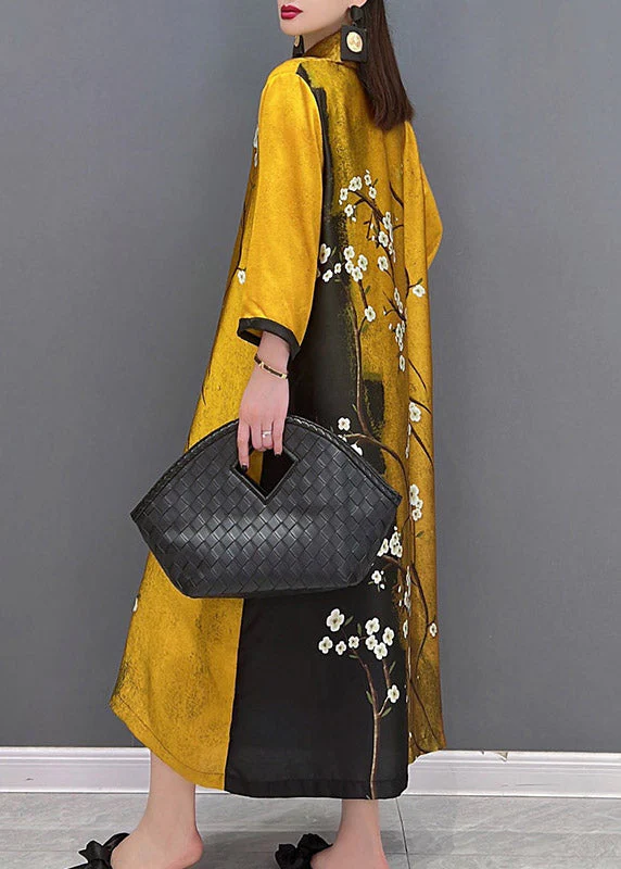 Vogue Yellow Peter Pan Collar Print Button Silk Long Dress Long Sleeve - Image 4