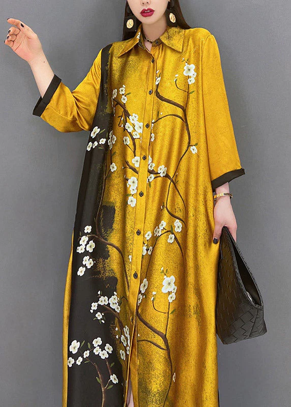 Vogue Yellow Peter Pan Collar Print Button Silk Long Dress Long Sleeve - Image 5