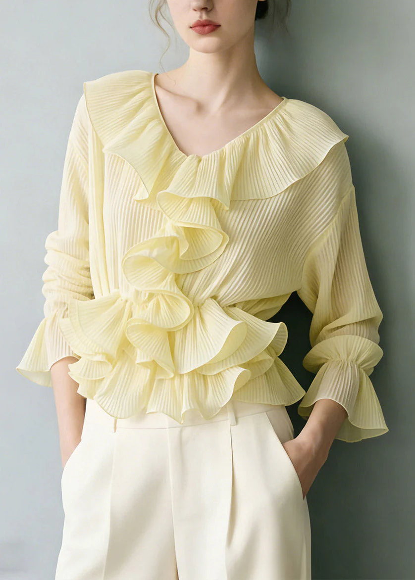 Vogue Yellow V Neck Ruffled Solid Shirt Flare Sleeve