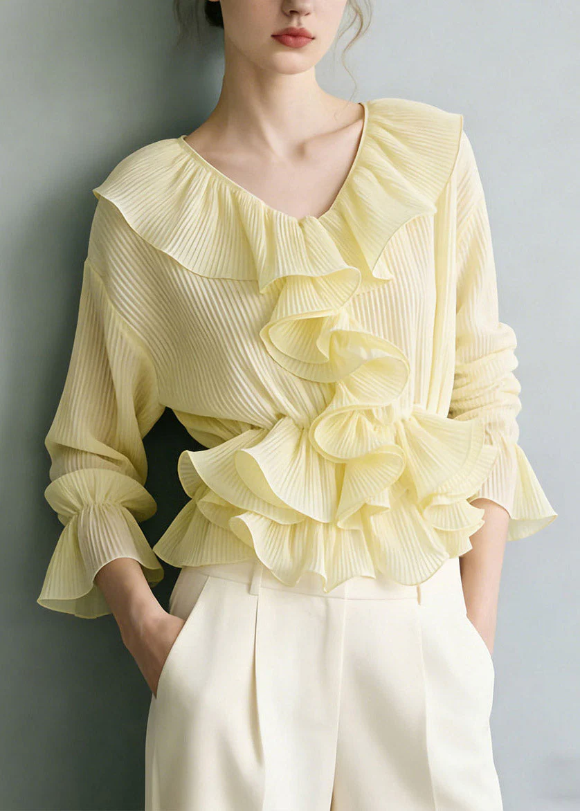 Vogue Yellow V Neck Ruffled Solid Shirt Flare Sleeve - Image 3