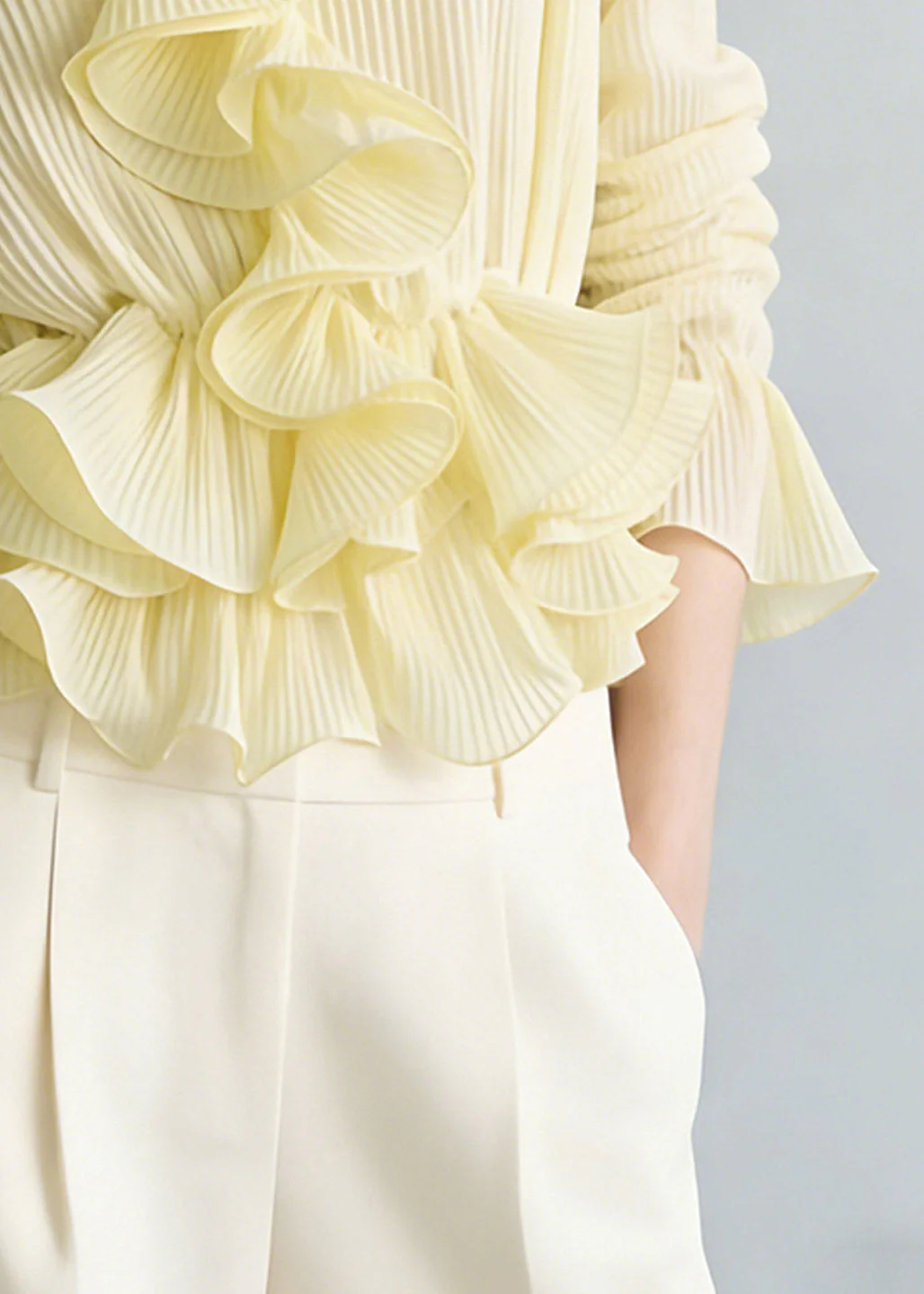 Vogue Yellow V Neck Ruffled Solid Shirt Flare Sleeve - Image 4