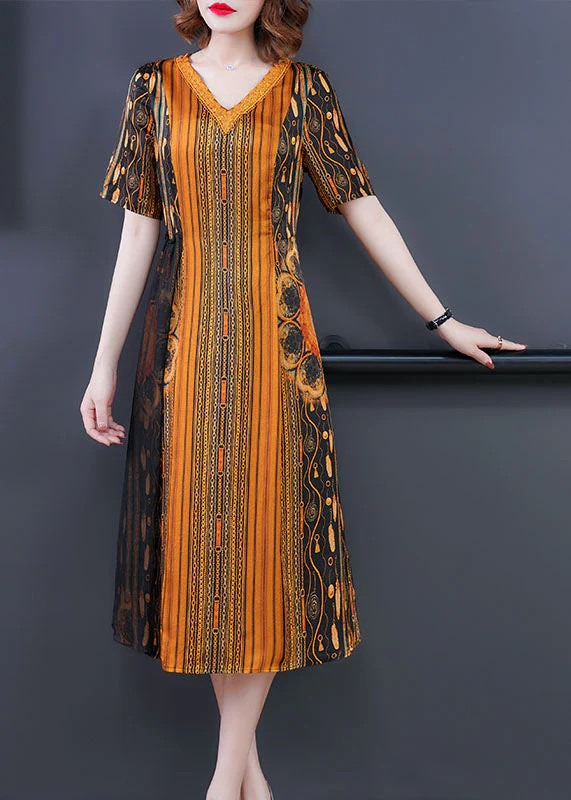 Vogue Yellow V Neck Striped Print Silk Women's Dress Short Sleeve - Image 2