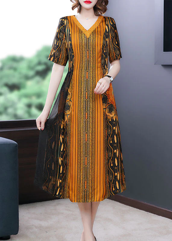 Vogue Yellow V Neck Striped Print Silk Women's Dress Short Sleeve - Image 3