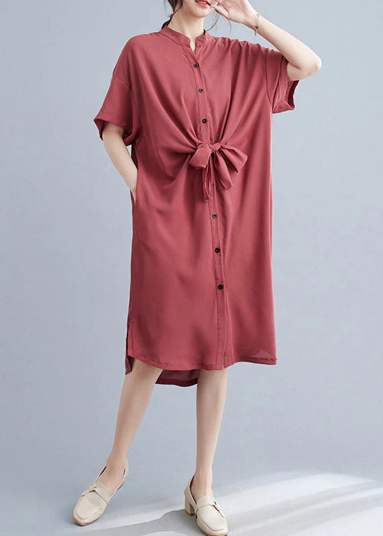 Watermelon Red Button Low High Design Maxi Dress Short Sleeve - Image 2