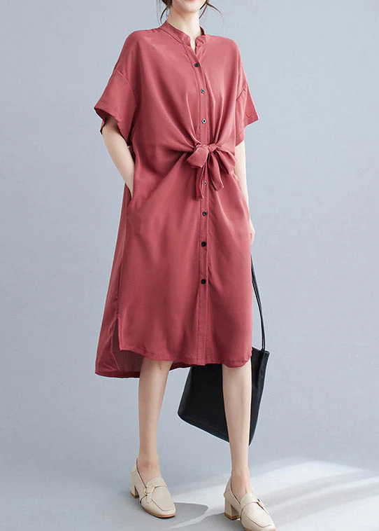 Watermelon Red Button Low High Design Maxi Dress Short Sleeve - Image 3