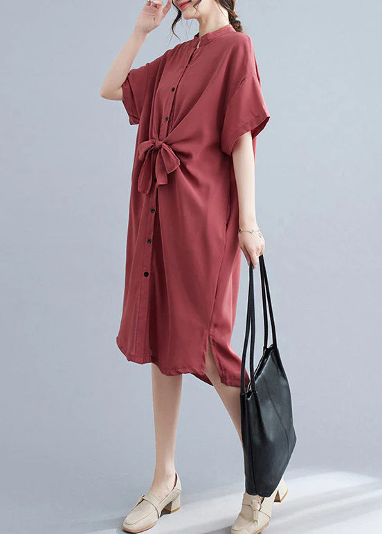 Watermelon Red Button Low High Design Maxi Dress Short Sleeve - Image 4