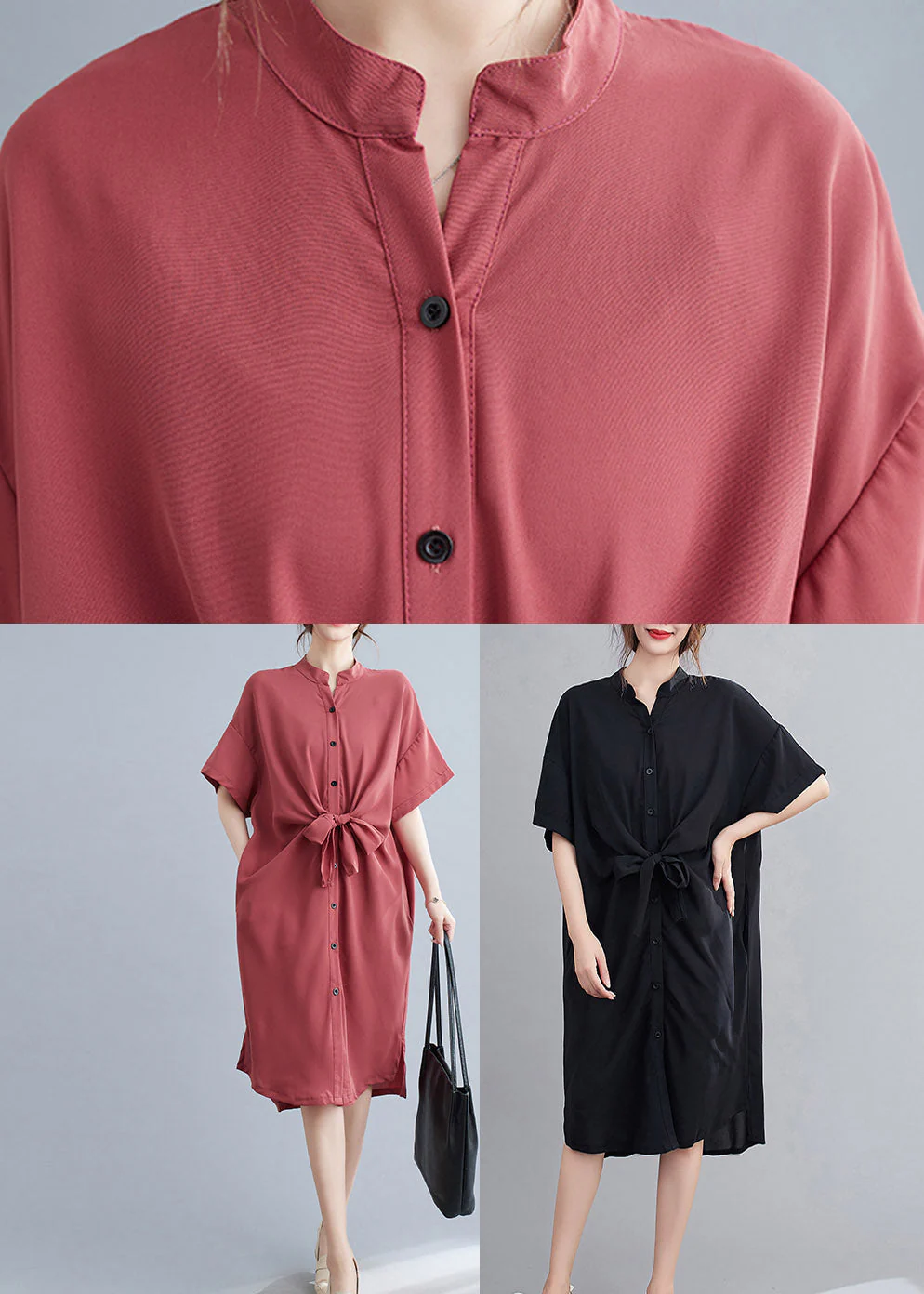 Watermelon Red Button Low High Design Maxi Dress Short Sleeve - Image 5