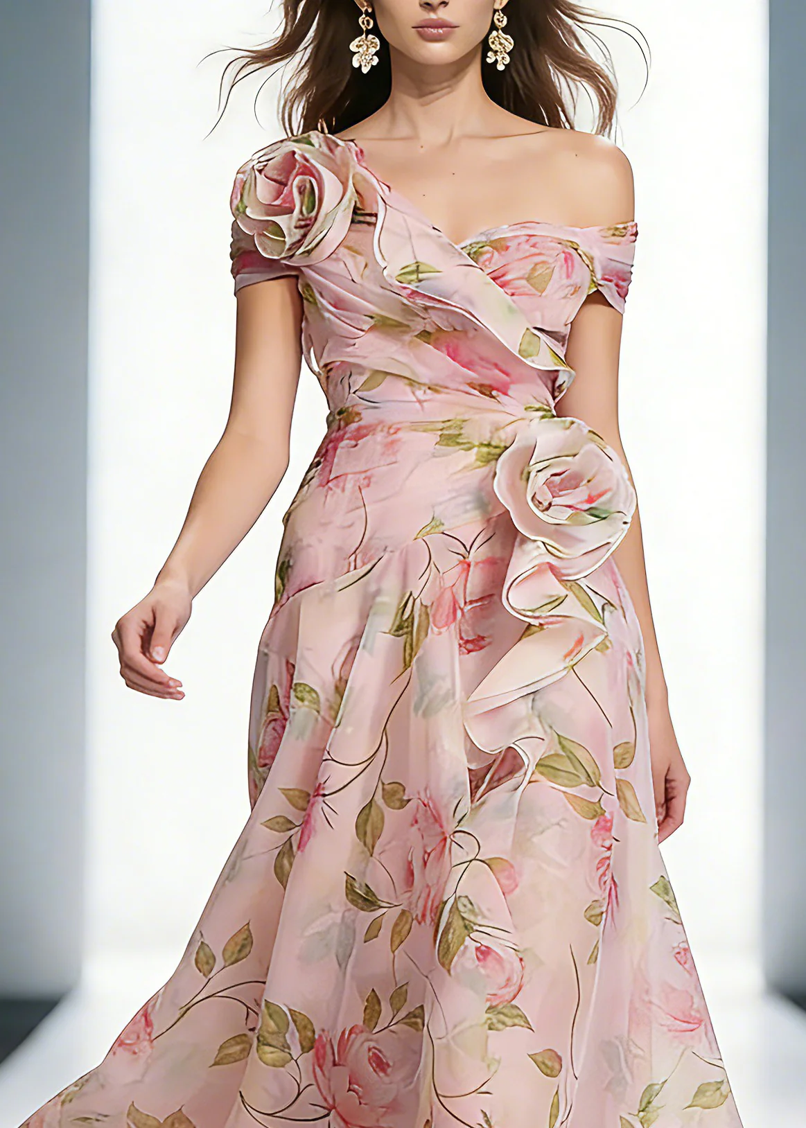 Wedding Pink Ruffled Print Organza Long Dress Summer - Image 2