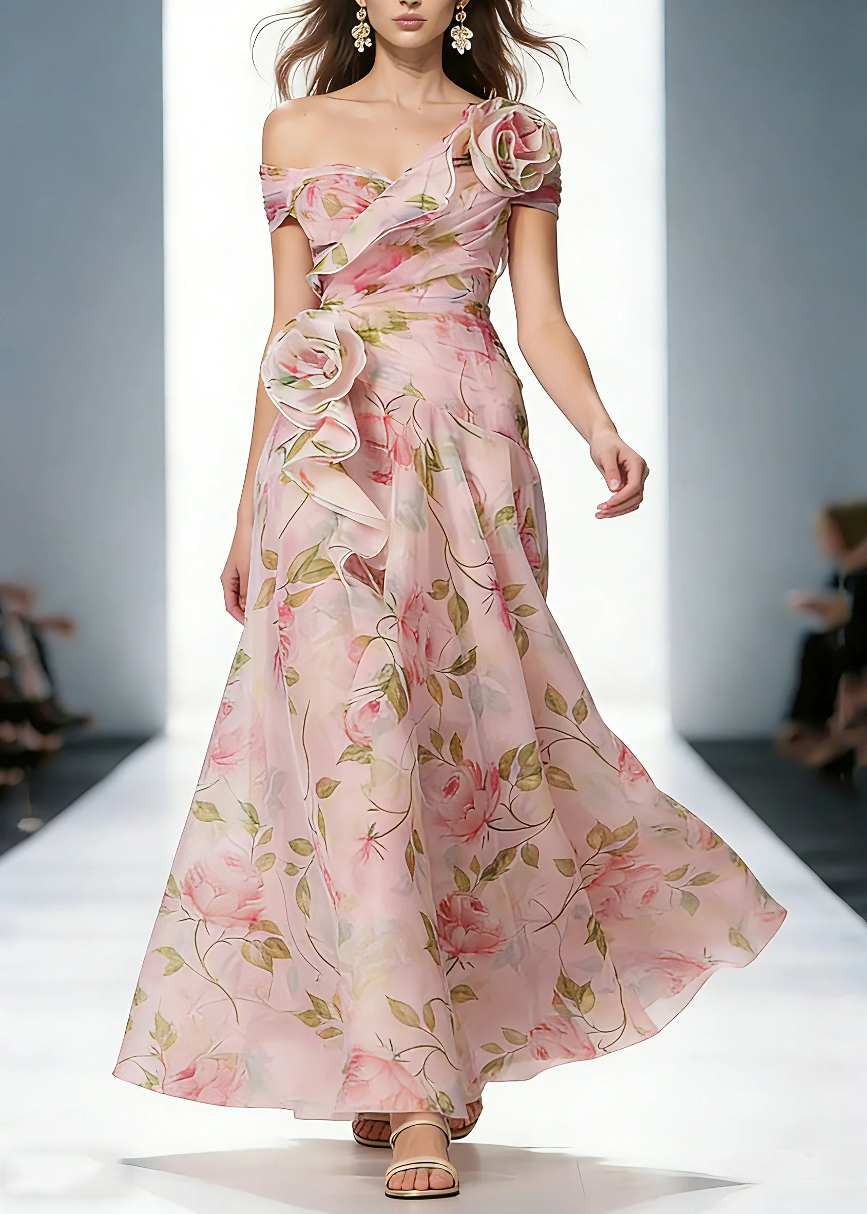 Wedding Pink Ruffled Print Organza Long Dress Summer - Image 3