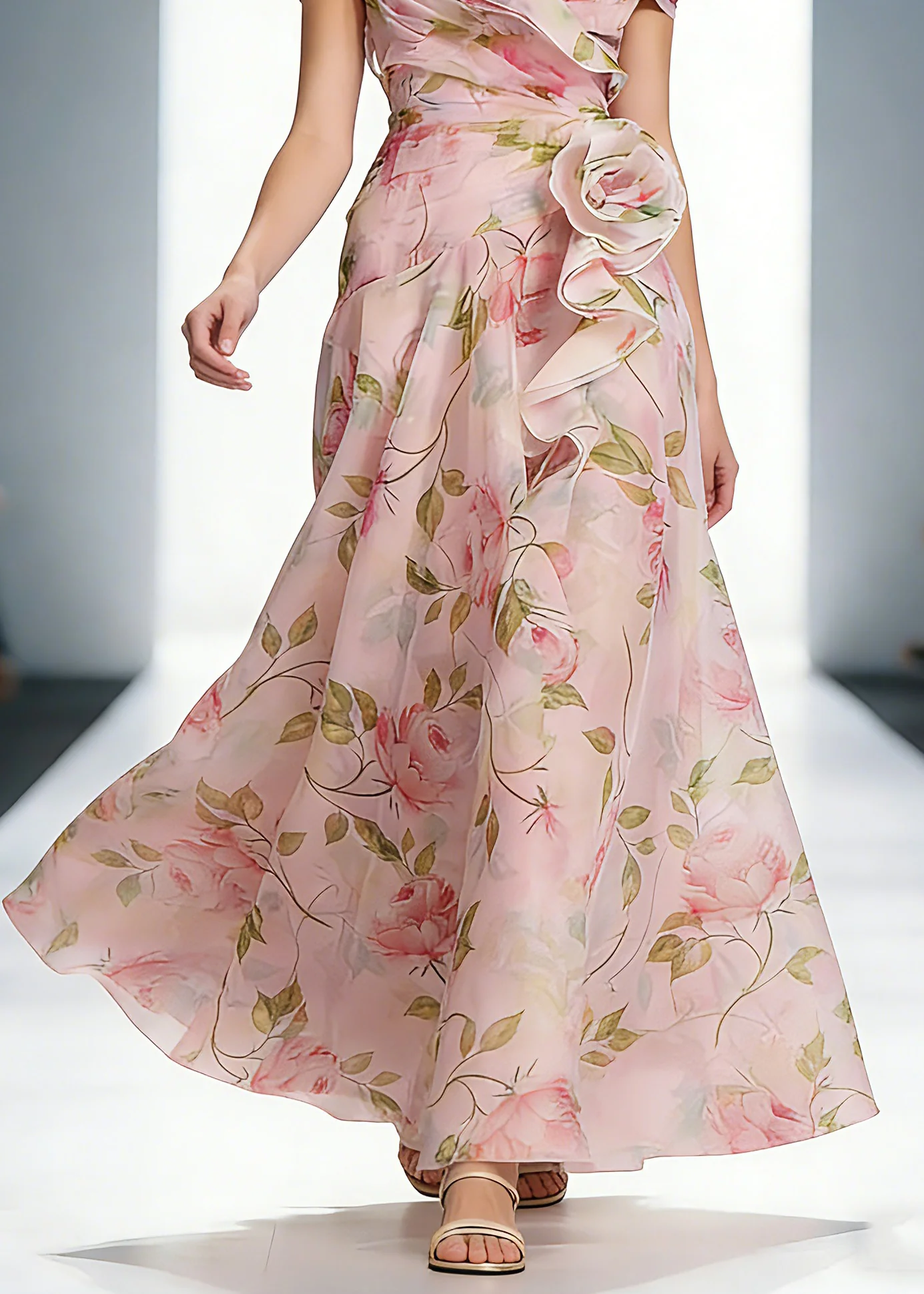 Wedding Pink Ruffled Print Organza Long Dress Summer - Image 4