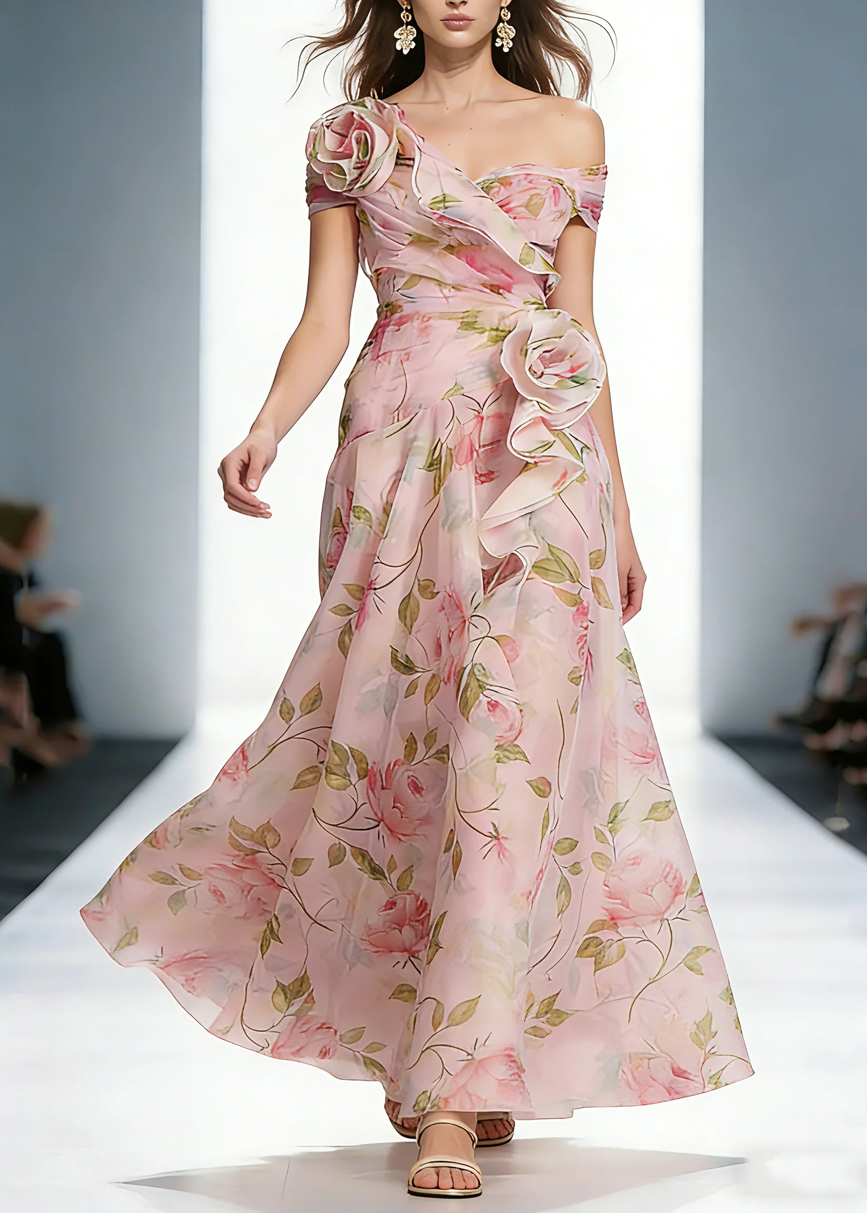 Wedding Pink Ruffled Print Organza Long Dress Summer - Image 5