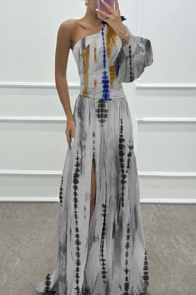 Wedding Prom Striped Pink flowers Slit Irregular Sloping Shoulder Evening Dresses - Image 2