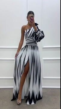 Wedding Prom Striped Pink flowers Slit Irregular Sloping Shoulder Evening Dresses - Image 4