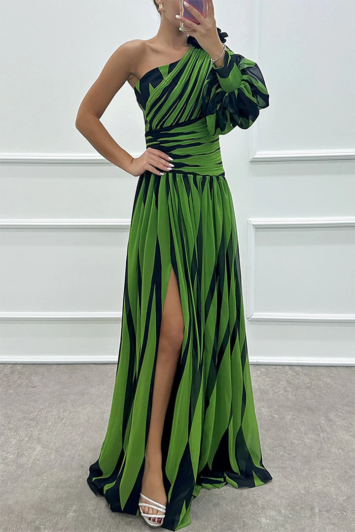 Wedding Prom Striped Pink flowers Slit Irregular Sloping Shoulder Evening Dresses - Image 7