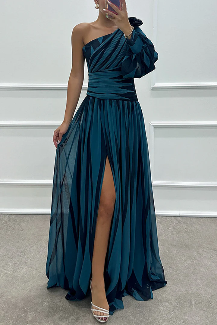 Wedding Prom Striped Pink flowers Slit Irregular Sloping Shoulder Evening Dresses - Image 8