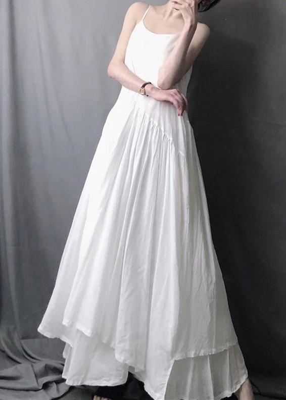 White Asymmetrical Patchwork Cotton Spaghetti Strap Dress O Neck Summer - Image 4