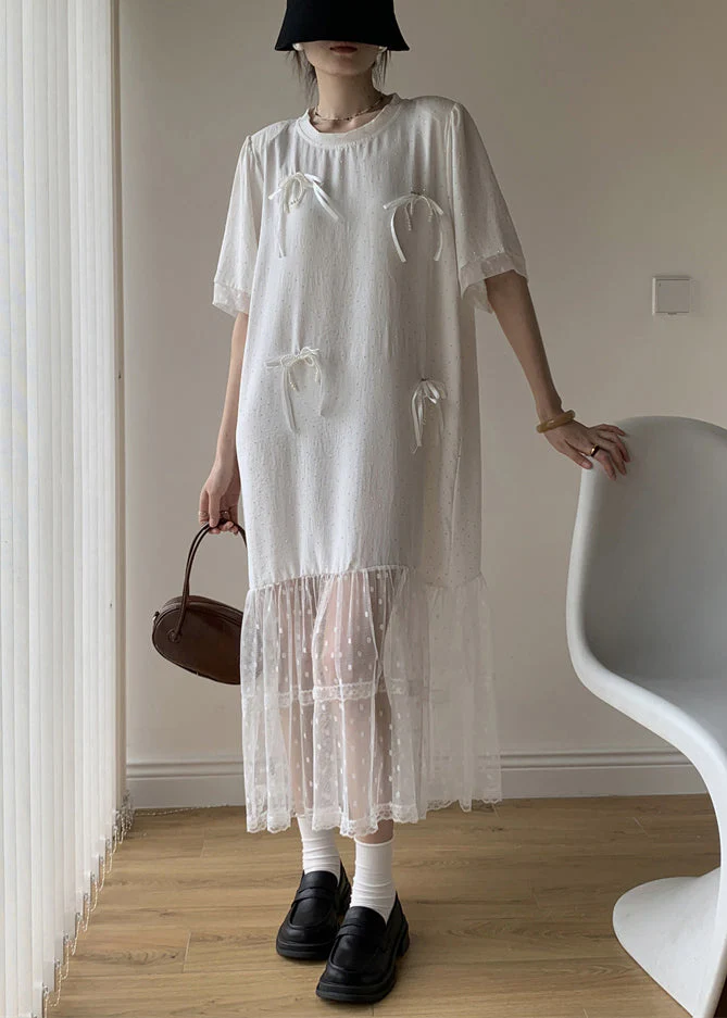 White Bow Tulle Patchwork Cotton Summer Long Dress O Neck - Image 3