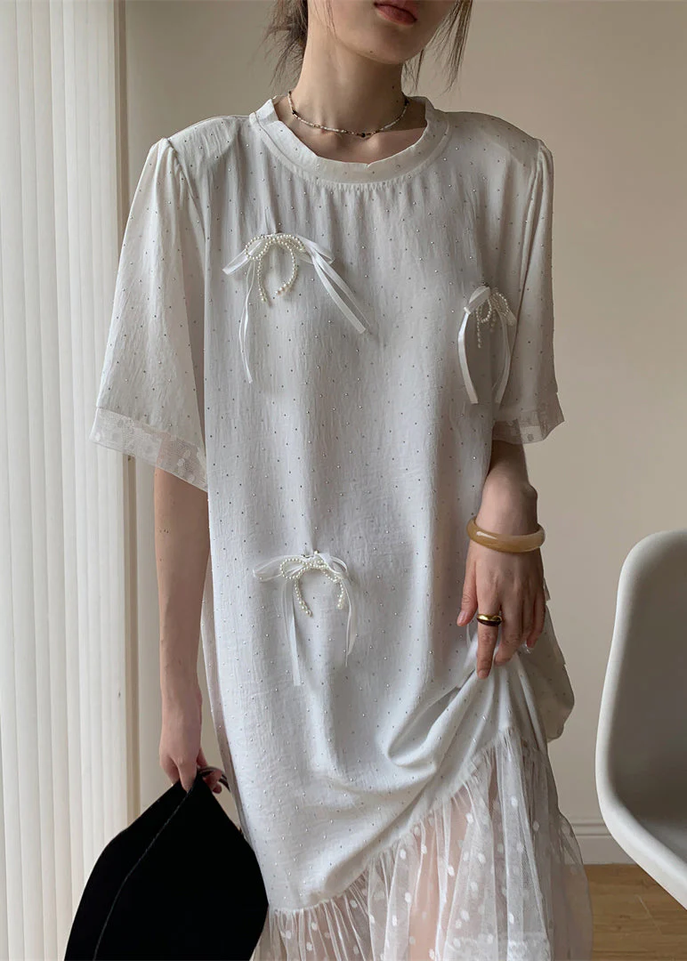 White Bow Tulle Patchwork Cotton Summer Long Dress O Neck - Image 4